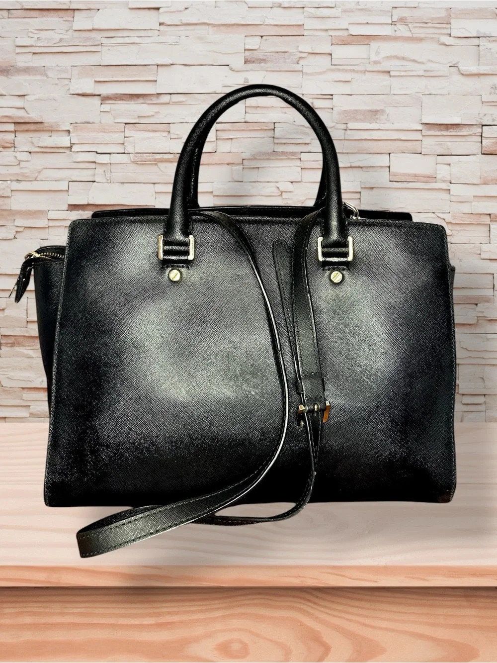 Michael Kors Black Satchel with Pink/Orange Scarf Accent